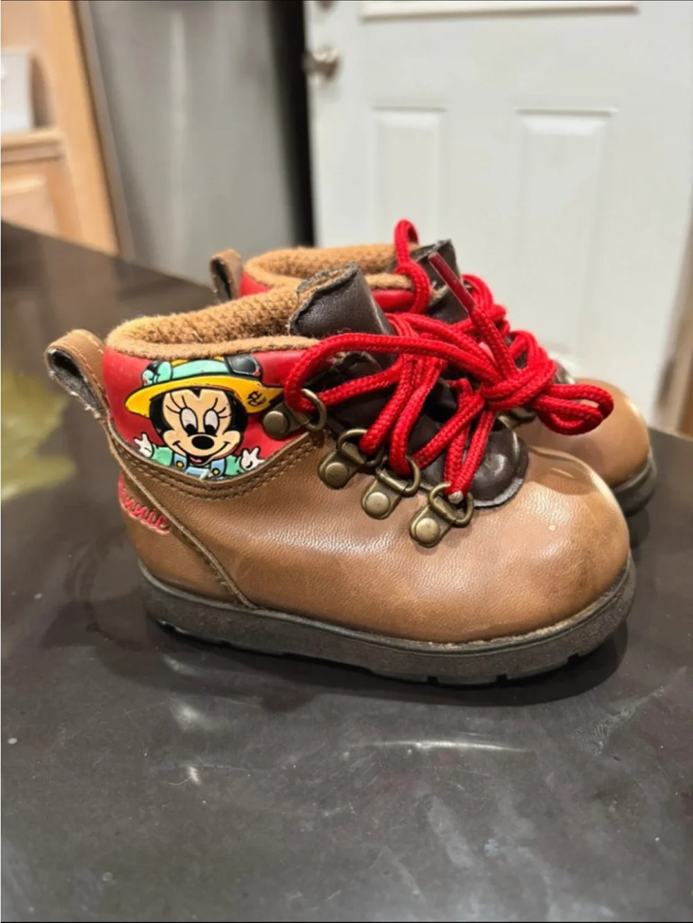 Disney Brown Kids Boots with Red Laces and Minnie Accent